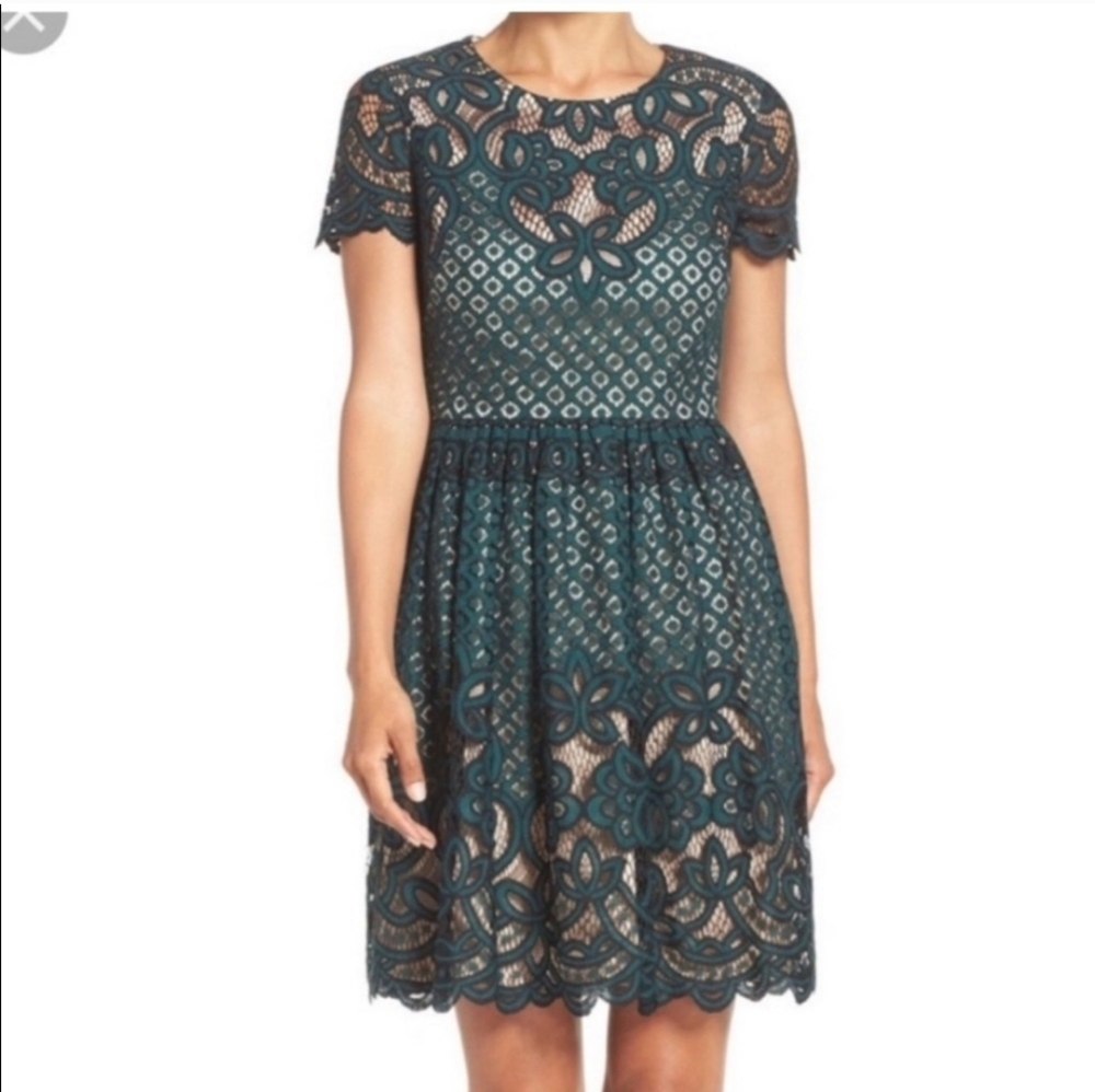 Eliza J Green Lace Overlay Illusion Cocktail Party Dress Size 8